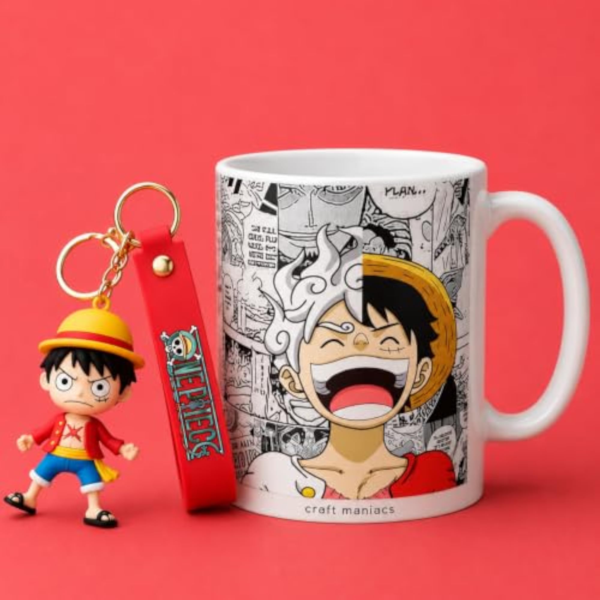 Half Face Ceramic Mug with Anime Keychain, 330ml