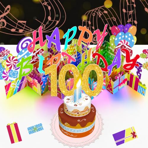 Image of 100th Pop-Up Musical Birthday Card, Blowable LED Candle for Women and Men