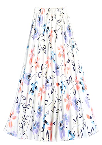 Coolwife Womens High Waist Skirts Midi Swing Pockets Elastic Waist A Line Boho Floral Print Skirt (Lily White)