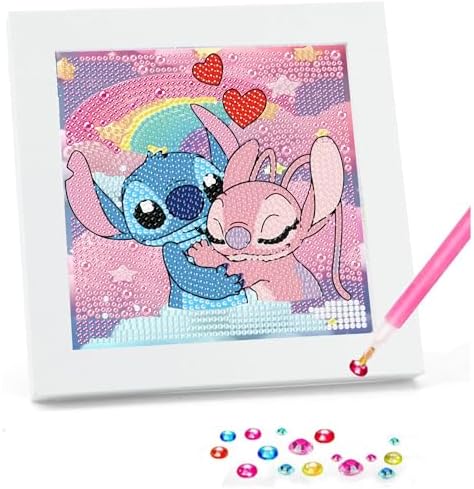 bleihum Stitch Diamond Art Painting Kits for Kids Ages 4-8-12-Stitch Diamond Art for Kids Girls Boys,Cartoon Gem Art for Kids with Wooden Frame for Birthday Gifts (7x7inch)