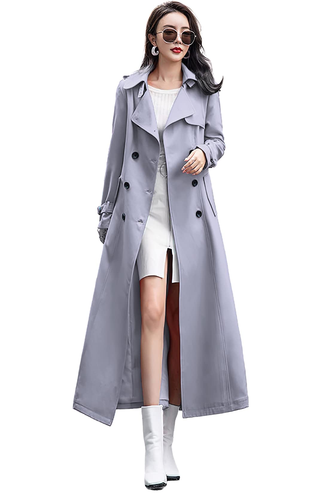 ebossy Women's Double Breasted Duster Trench Coat Slim Full Length Maxi Long Overcoat, Grey, XXL