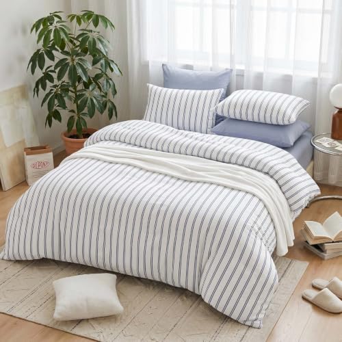 Image of Nayoroom Blue Striped Duvet Cover Queen White Pinstripe Coastal Bedding