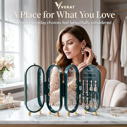 Image of VERAT Rotating Earrings Stand Jewelry Display Organiser /Earrings organiser /Jewellery towers /jewellery stands /earring organizer Container for Home Wardrobe & Cupboard (Green)