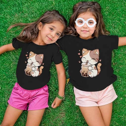 Image of KEEVICI Cute Cat Shirts for Girls Graphic Tees Bubble Tea Tshirt Kids Kawaii Cartoon Animal Print T Shirt Summer Cotton Tops
