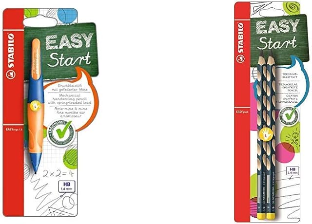 STABILO EASYergo Mechanical Pencil Left Handed, 1.4 mm, Ultramarine/Orange &EASYgraph Handwriting Pencil Left Handed - Petrol Pack of 2