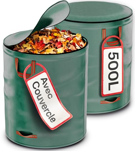 Praknu 2 x Sac Jardin Dechets Verts 500L avec Couvercle - Sac Jardinage Réutilisable avec 4 Poignées Résistantes - Stable & Pliable - Sac Végétaux et...