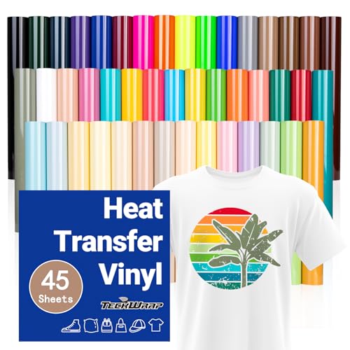 Image of TECKWRAP HTV Vinyl Bundle Heat Transfer Vinyl 12"x10" - Includes 45 Sheets Assorted Colors Iron on Vinyl Pack, Heat Press Design for DIY T-Shirts and Other Fabrics