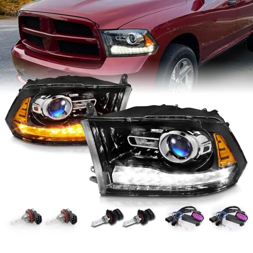 AmeriLite for 2009-2018 Dodge Ram 1500 2500 3500 BOTH Models Switchback LED Polished Black Replacement Projector Headlight Assembly Set - Passenger and Driver Side
