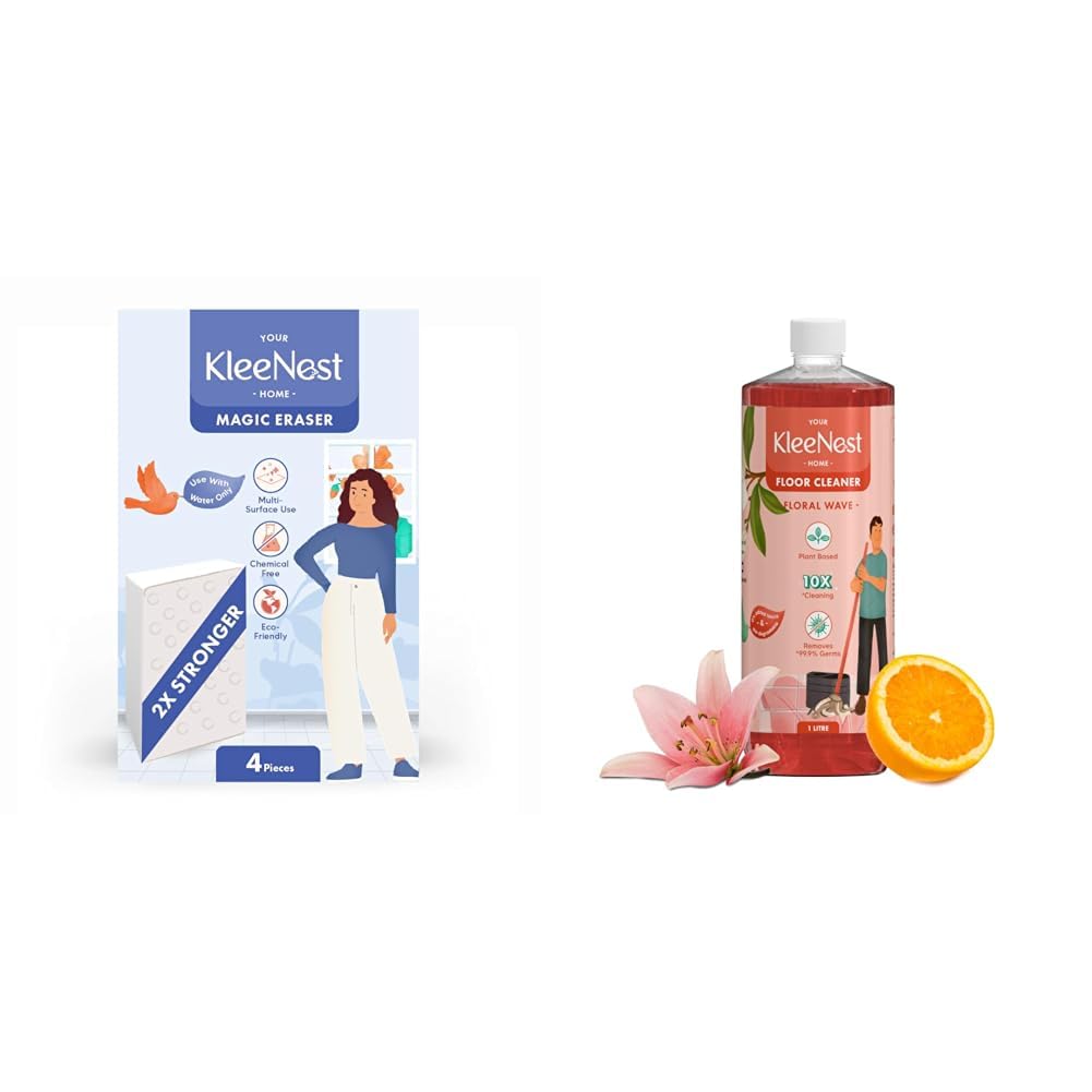 Magic Eraser Cleaning Sponge|Pack of 4 & Floor Cleaner Liquid 1 Litre, Floral Wave