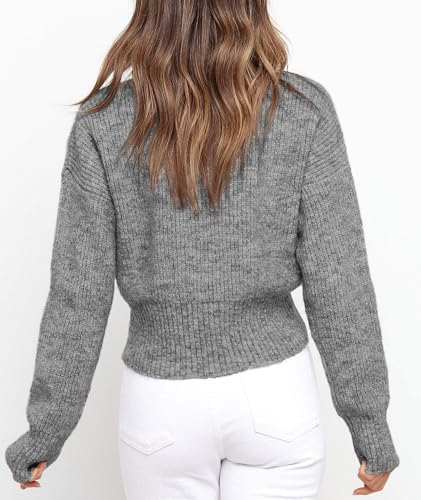 Okiwam Women's Long Sleeve Cropped Sweaters Casual Knit Pullover Tie Front Crew Neck Fall Outfits Fashion Clothes 20253