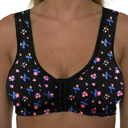 Liv Lingerie GEMM Front Fastening Cotton Rich Bra for Ladies Women Non Wired Post Surgery Soft Stretch in Multiple Colour Choices Regular to Plus Sizes Easy Open Comfort Wirefree (36, Black Floral)