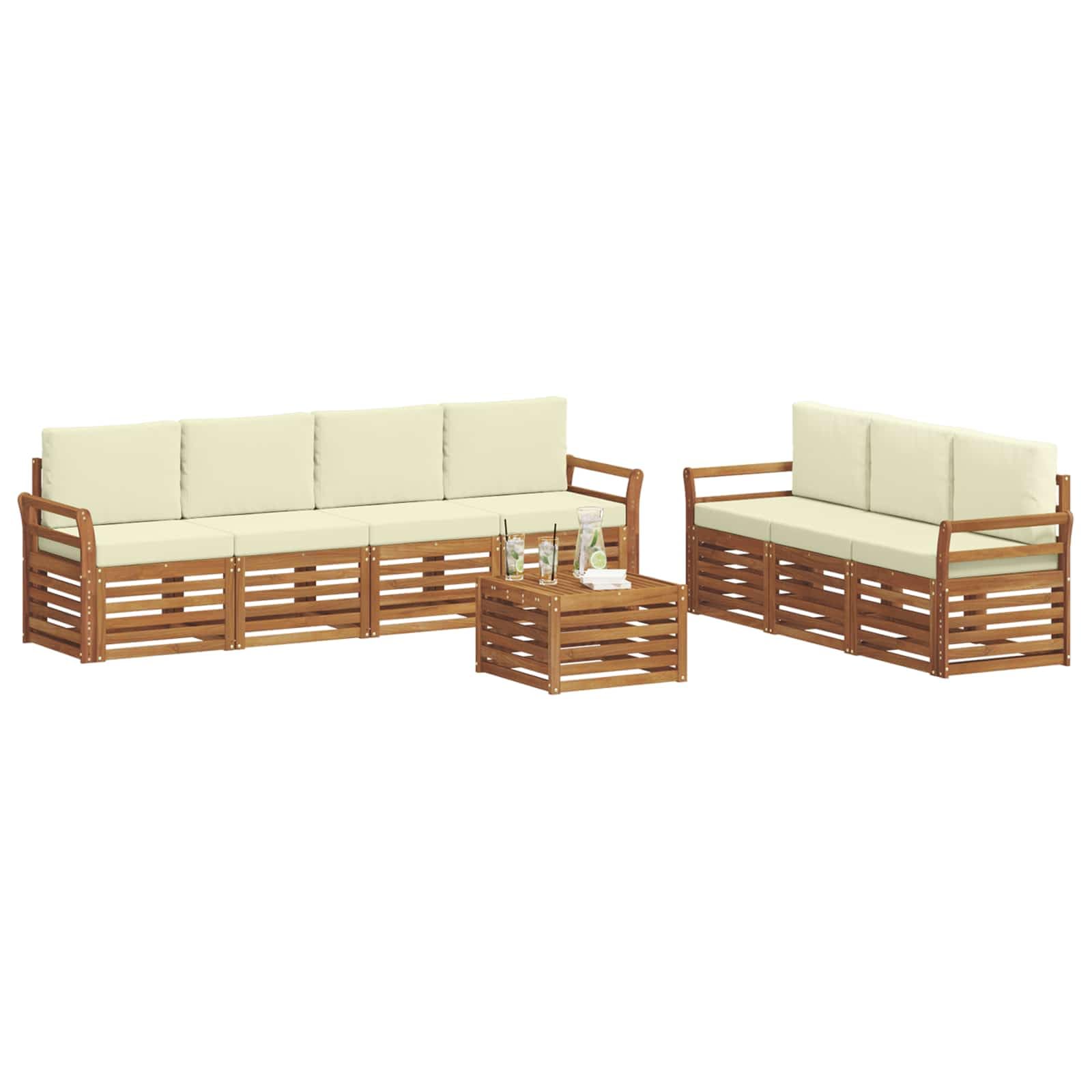 Möbelgarnitur 8-teilig aus massivem Akazienholz für Garten und Terrasse wetterfestes Essgruppen-Set mit Tisch, Sofas, Stühlen und Sitzkissen für stilvolle Outdoor-Einrichtung