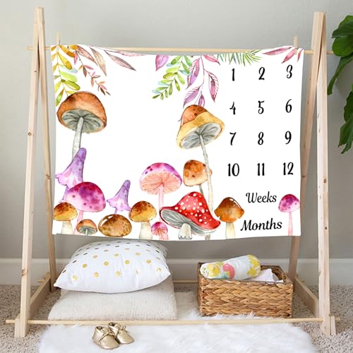 Image of Mushroom Baby Monthly Milestone Blanket Watercolor Tropical, 60x40in | Soft Flannel, Colorful Leaves Botanic Print, Newborn Mom Gifts, Photography Props for Boys Girls, Newborn Baby Shower