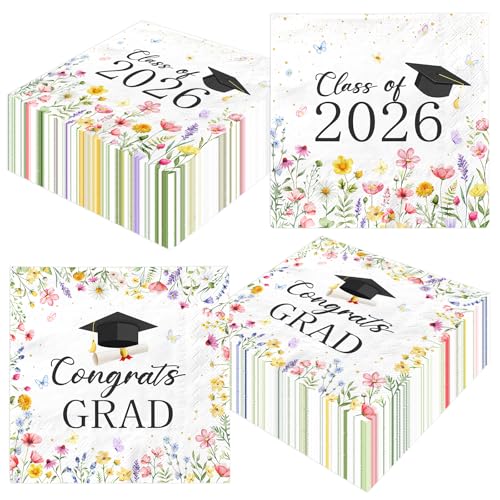 48Pcs Colorful Wildflower Graduation Napkins 2026, Floral Graduation Disposable Napkins Paper Congrats Grad Napkin for College High School Party Dinner Kitchen Bathroom Grad Party Supplies