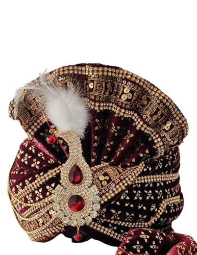 Image of BookMyCostume Dulha & Royal Wedding Turban Collection - Premium Silk, Velvet, Zari Work Safa with Kalgi & Brooch - Traditional Indian Dulha Pagdi /Sehra Perfect for Weddings & Role Plays for Men & Kids