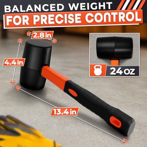 Image of Rubber Mallet Hammer 24 Oz, Soft Face Non-Marring Head (Orange) | Large Mallet with Anti-Vibration Non-Slip Grip; for Flooring, Decking, Fencing, Cabinets, and Furniture Assembly