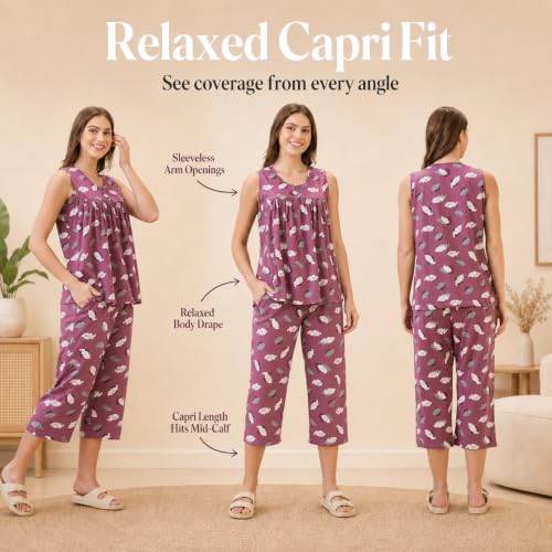 Image of AV2 Women's Cotton Printed Round Neck Sleeveless Night Suit Set | Capri Set | Casual Night Dress for Women