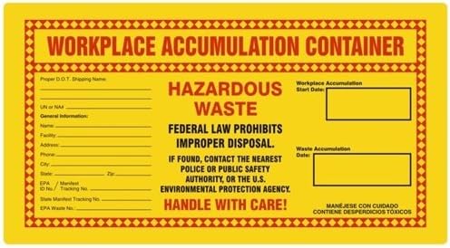 Workplace Accumulation Container Hazardous Waste Labels, 11 x 6 inches, Paper, Pack of 100