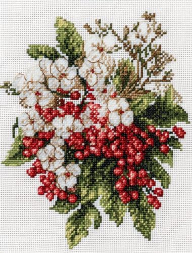 Generic Hawthorn Flowers and Berry Cross Stitch Kits for Beginners Pattern Stamped Cross-Stitch Supplies Needlework DIY 11CT 3 Strands Cotton Thread Printed DIY Needlepoint Kits 40×50cm (CX46)