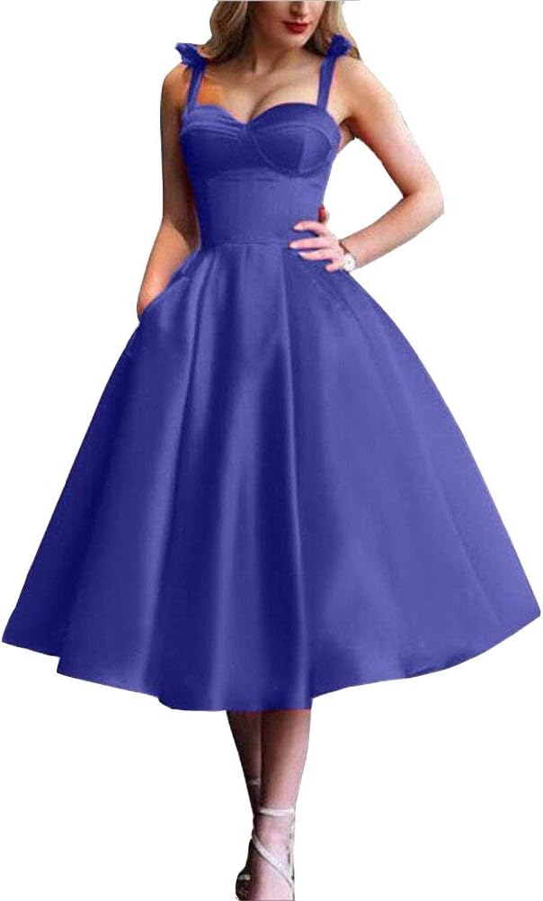 VeraQueen Women's A Line Short Cocktail Evening Party Gowns with Pockets Satin Sleeveless Tea Length Prom Dresses