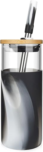 tronco Vaso de vidrio de 20 onzas con tapa de bambú y pajita, taza de café helado reutilizable, taza de batido, taza de té Boba de vidrio, botella