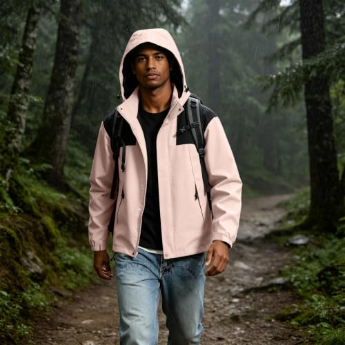 Image of Color Block Waterproof Hooded For Men Rain Shell Jacket Windproof Coat With Adjustable Drawcord Hood & Velcro Cuffs Packable Zip Up Hiking Camping And Fishing Outdoor Activities Pink L