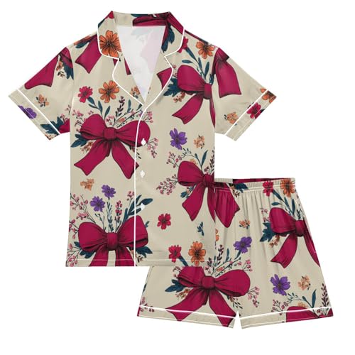 Satin Pajama Sets Short Sleeve Floral Bow Pattern Print Button Down Silky Nightwear 2 Piece PJS 5Y,