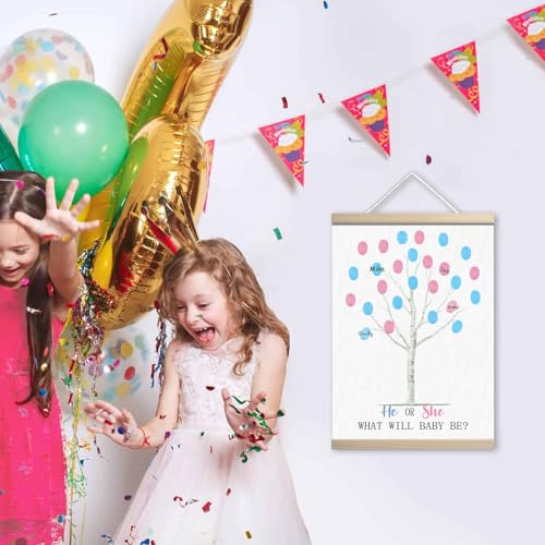 Image of Gender Reveal Decorations Fingerprint Tree Canvas Paintings Decor Gifts Ideas - Baby Party Supplies - Boy and Girl Gender Guess Game - Thumbprint Hanging Paintings