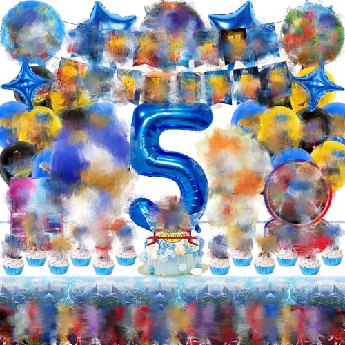 Vajilla para fiestas de cumpleaños de 5 años, 75 piezas de vajilla de fiesta de dibujos animados con mantel, globo 3D, platos y servilletas, pancarta de cumpleaños y decoración de pasteles, perfecto