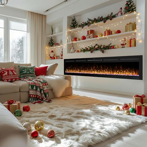 Image of 72 inch Electric Fireplace, Recessed or Wall Mounted, 5.5 inch Deep, 750W /1500W Quartz Heater, WiFi App, Alexa and Google Home, 13 Flame Colors
