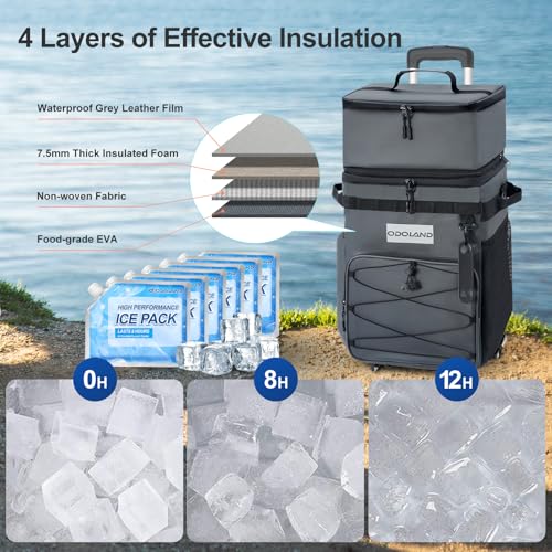 Image of Odoland 72 Can Rolling Cooler Bag with Wheels & Handle, Collapsible Insulated Ice Chest for Beach, Camping & Tailgating - Portable Travel Soft Cooler on Wheels, Collapses for Easy Storage