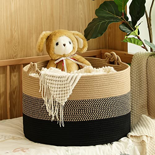 Kakamay Large Blanket Basket (20"X13"),Woven Rope Baskets For Storage Baby Laundry Hamper, Cotton Rope Blanket Basket For Living Room, Laundry, Nursery, Pillows,Baby Toy Chest (Jute/Black) #TOP7