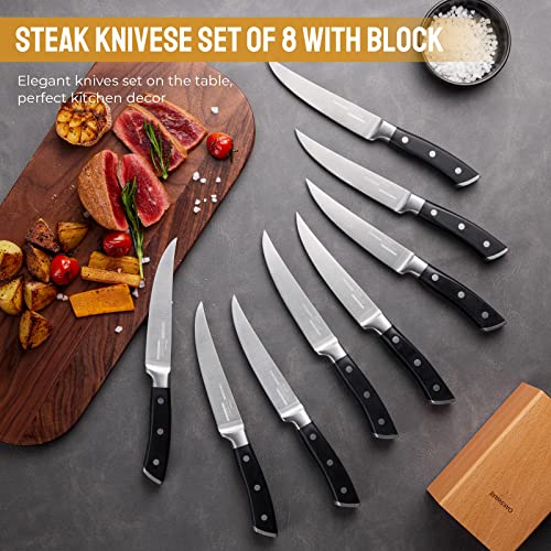 Oaksware Steak Knives Set Of 8 With Block, 5 Inch Non Serrated Steak Knife Set , 8 Pieces Professional Straight Edge Kitchen Table Dinner Knives - Forged German Steel - Full Tang Handle #TOP3