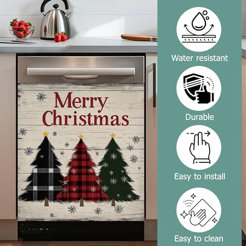 Image of Christmas Trees Dishwasher Magnets Decorative Cover,Rustic Wood Board Waterproof Magnetic Dishwasher Cover Panel,Refrigerator Magnet Cover for Kitchen Home Decor 23x26 Inch