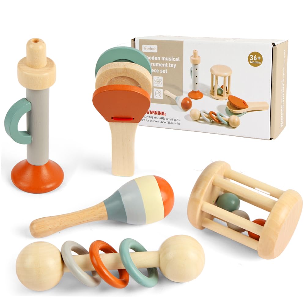 Instrumentos Musicales para Niños, 5 Piezas Set de Sonajero de Madera para Bebé, Juguetes Montessori 3+ Años, Juguetes Educativo Musical para Bebes de 36 Meses, Regalos para Niños