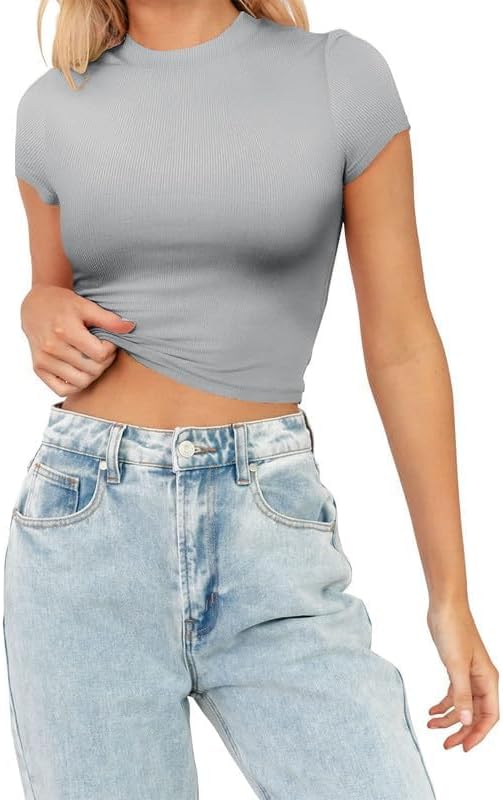 Allimy Womens Summer Short Sleeve Slim Fitted Tshirt Round Neck Ribbed Crop Tops - Image 5