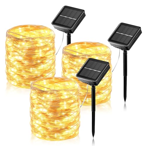 【3 Packs】Luces Solares LED Exterior Jardín, 12M 120LED Guirnaldas Luces Exterior Solar, 8 Modos de Luz a Prueba de Agua Cadena Jardín para Decoracion Arbol, Blanco Cálido