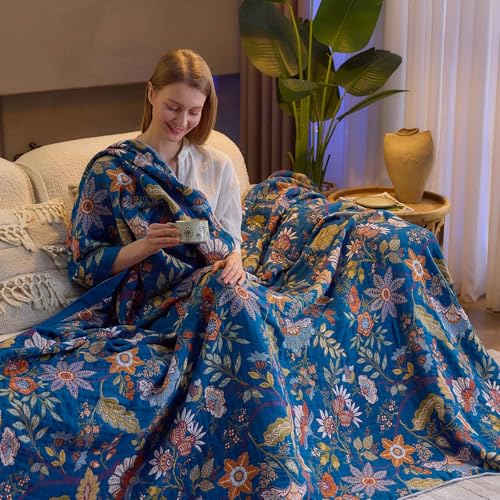 Image of XIBLC Fall Throw Blanket for Couch, Blue Boho Decorative Throw Blanket, 100% Cotton Muslin Breathable Woven Farmhouse Blankets Quilt, 50 inchx60 inch Reversible Lightweight Blankets Bohemian Throw Quilt