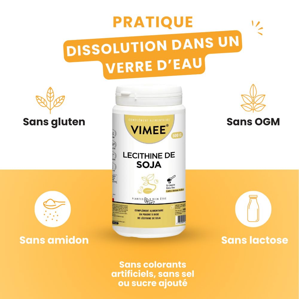 Lécithine de Soja en Poudre Vimee - Complément et Additif Alimentaire à Base de Phospholipides de Soja - Foie, Cerveau - 500 G - 500 Jours