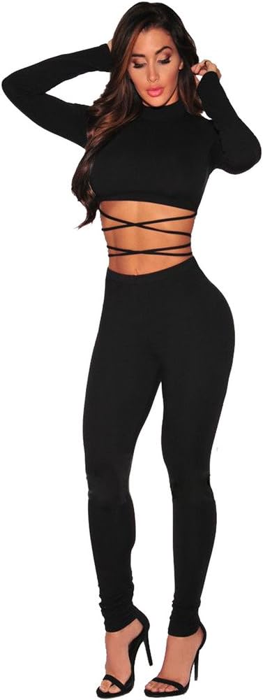 Women's Sexy Tops and Long Pants 2 Pieces Set Bandage Clubwear Jumpsuits Rompers