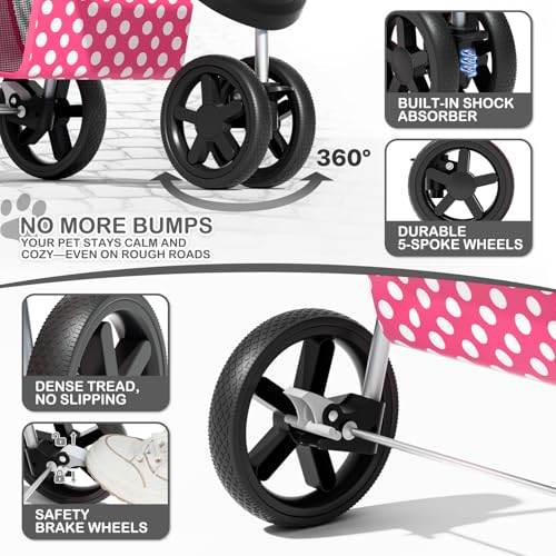 Image of MoNiBloom 3 Wheels Pet Dog Cat Stroller for Small Medium Dogs Cats, Foldable Jogger Stroller w /Storage Basket and Cup Holder, Hot Pink Polka Dots