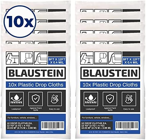 Blaustein 10x Plastic Sheeting Drop Cloth for Painting - 9x12 Feet Painters Plastic Clear - Plastic Cover for Couch, Furniture and More - Waterproof Plastic Sheets - Painters Drop Cloth - Transparent