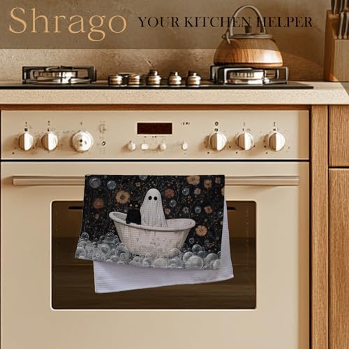 Image of Ghost and Black Cat in Bathtub Bathroom Halloween Hand Towels, Halloween Bathroom Decor, Dark Academia Floral Gothic Ghost Cat Hand Towels for Bath Room Washroom, 16x24 Inch