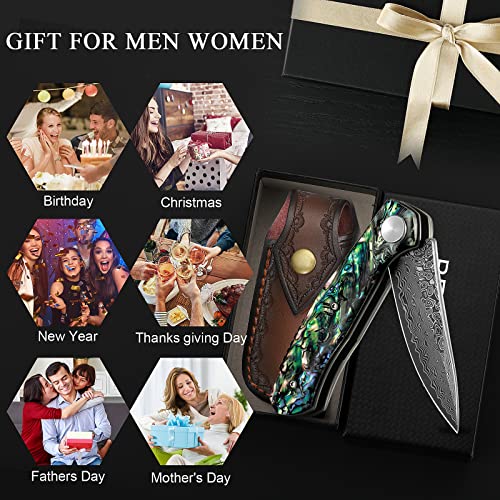 Benkey Damascus Pocket Knife With Clip Leather Sheath Sharp Vg10 Core Damascus Folding Knife, Camping Knife Edc With Liner Lock Unique Abalone Seashells Handle For Outdoor Survival Camping Collection #TOP3