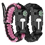 WUQID Paracord Survival Bracelet Loud Whistle Emergency Compass Survival Fire Starter Scraper Accessories for Hiking, Camping, Fishing and Hunting (2 Pack) (Black & Pink Black (Adjustable))