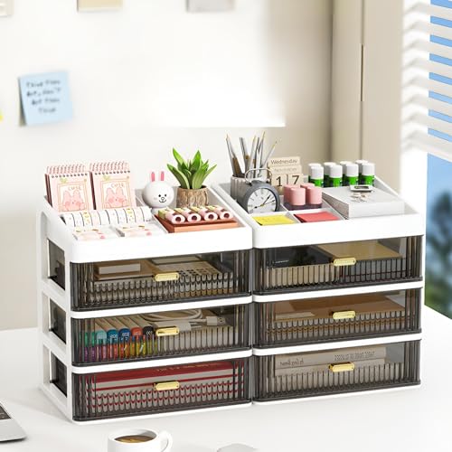 Image of HoopVool Desk Makeup Organizer, Plastic Storage Box with Sliding Drawer, Stylish Display Case for Cosmetics, Lotion, Nail Polish,Brushes,and Jewelry (3 - Layer, Cream)
