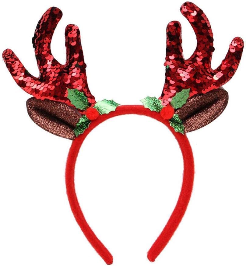 Caprilite Girls Adults Red Sequin Headband Reindeer Antlers Christmas Deer Ears Headbopper