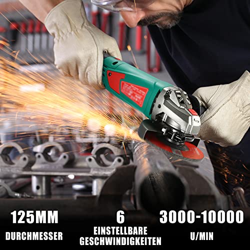 Foto von Winkelschleifer 1200W, HYCHIKA 3000-10000RPM mit 6 Geschwindigkeiten, Perfekt zum Schleifen Polieren, 2pcs 125mm Schleifscheiben, 1 Seitengriff, 1 Schutzhauben, 1 Schraubenschlüssel