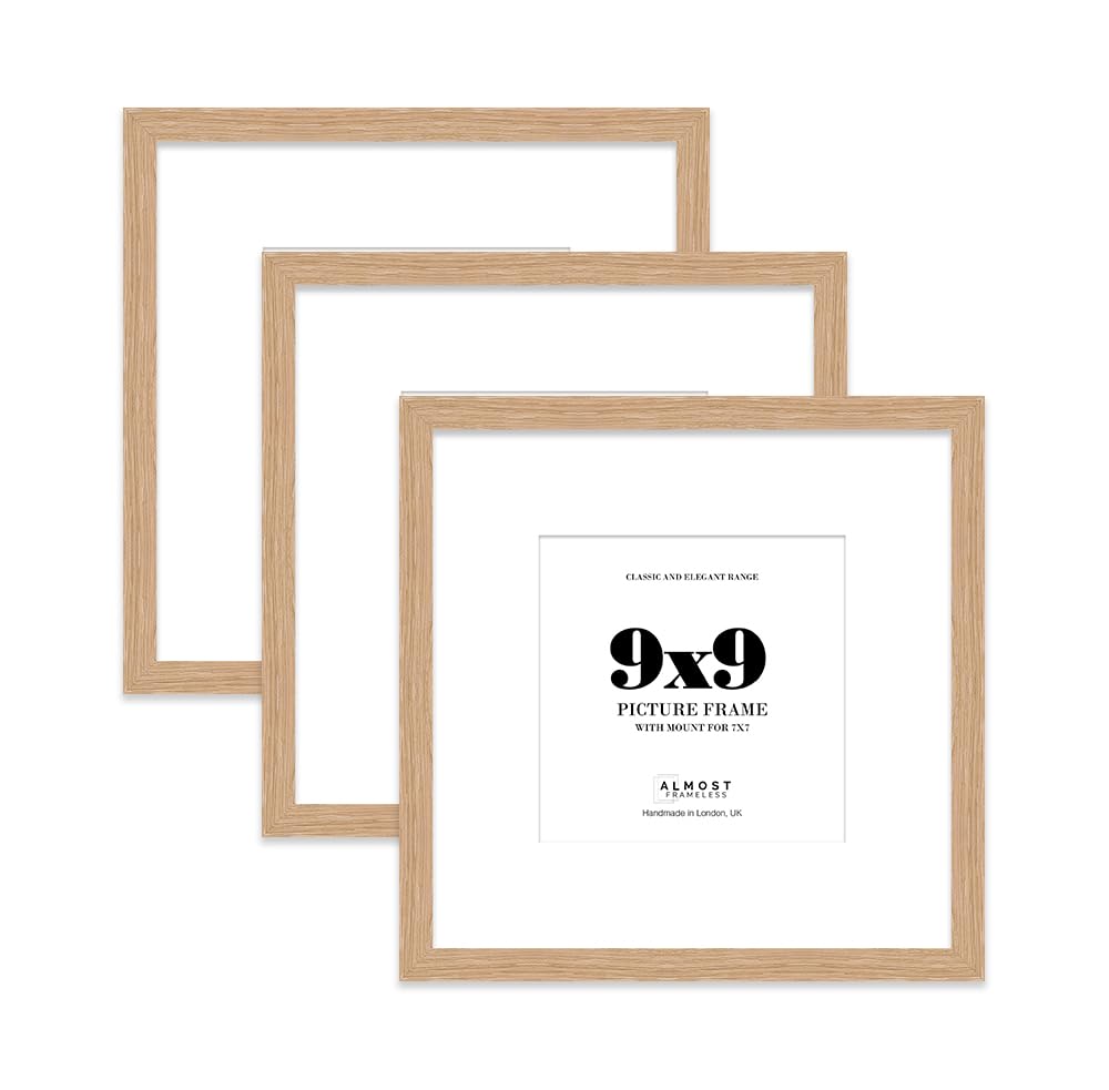 9x9 Oak Picture Frame with Mount for 7x7 Photos, Prints - Modern Square Wall Frame, Set of 3