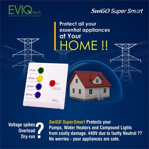 Image of SwiGO 20A Super Smart Timer Switch | Dry Run, Overload & High /Low Voltage Protection | Energy Monitor | For Motors, Pumps, Geysers & Lights | 5 /10 /15 /20 Min Auto-Cutoff | Offline & Online Control